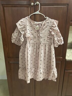 Umgee Pale Pink Bow Print Rayon Babydoll Dress